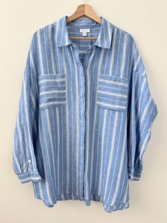 J Jill Linen Striped Button Front Top Blue White Relaxed Office XL - Picture 2 of 10